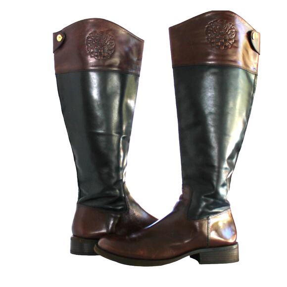 Vince Camuto Fabina Women Riding Boot Black Brown Leather Zipper Sz 9 M Winter - Picture 1 of 15